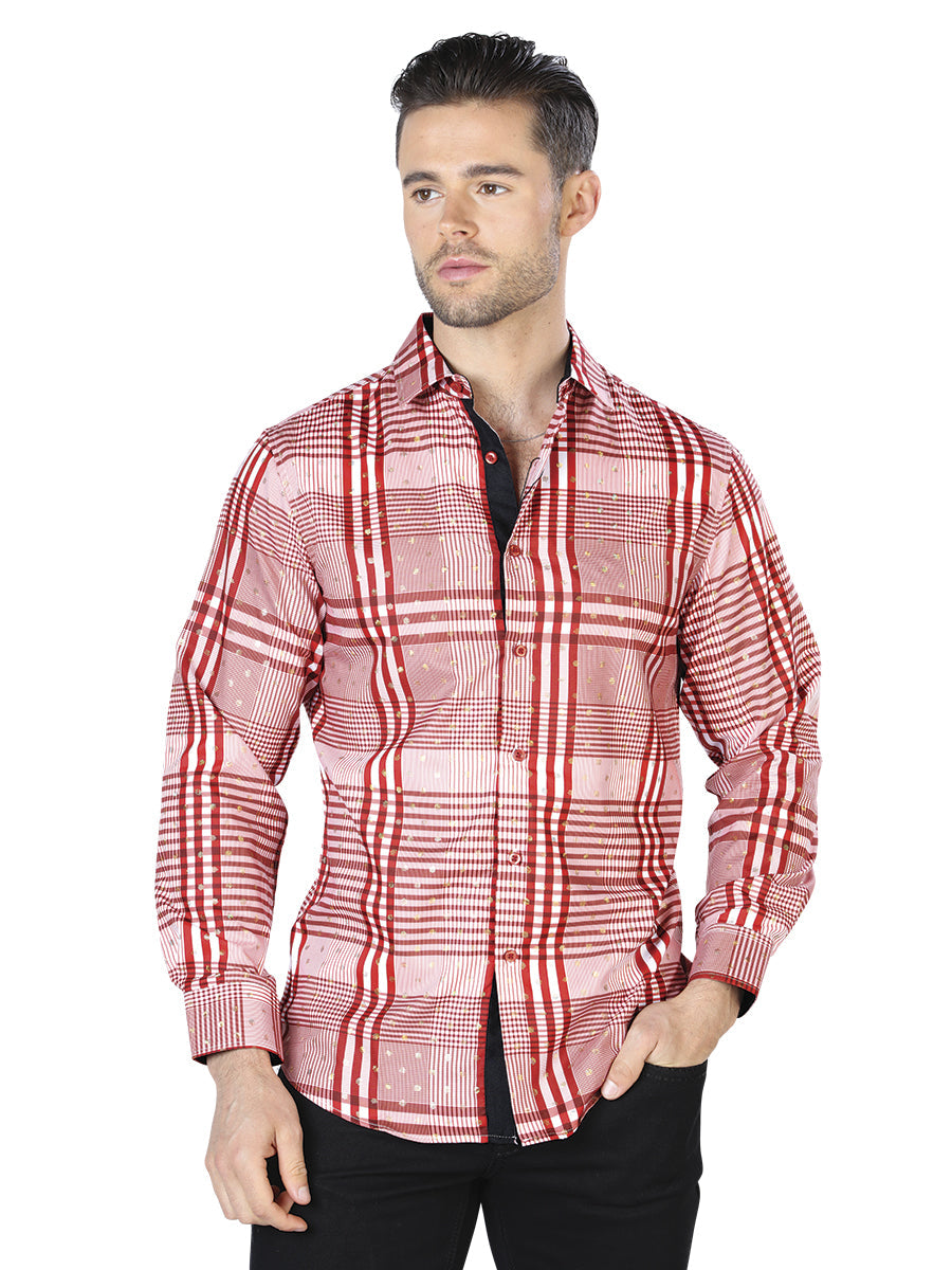 Camisa Vaquera de Hombre El Señor de los Cielos WH10-013 Manga Larga Casual en 100% Poliéster Color Rojo/Blanco 44015
