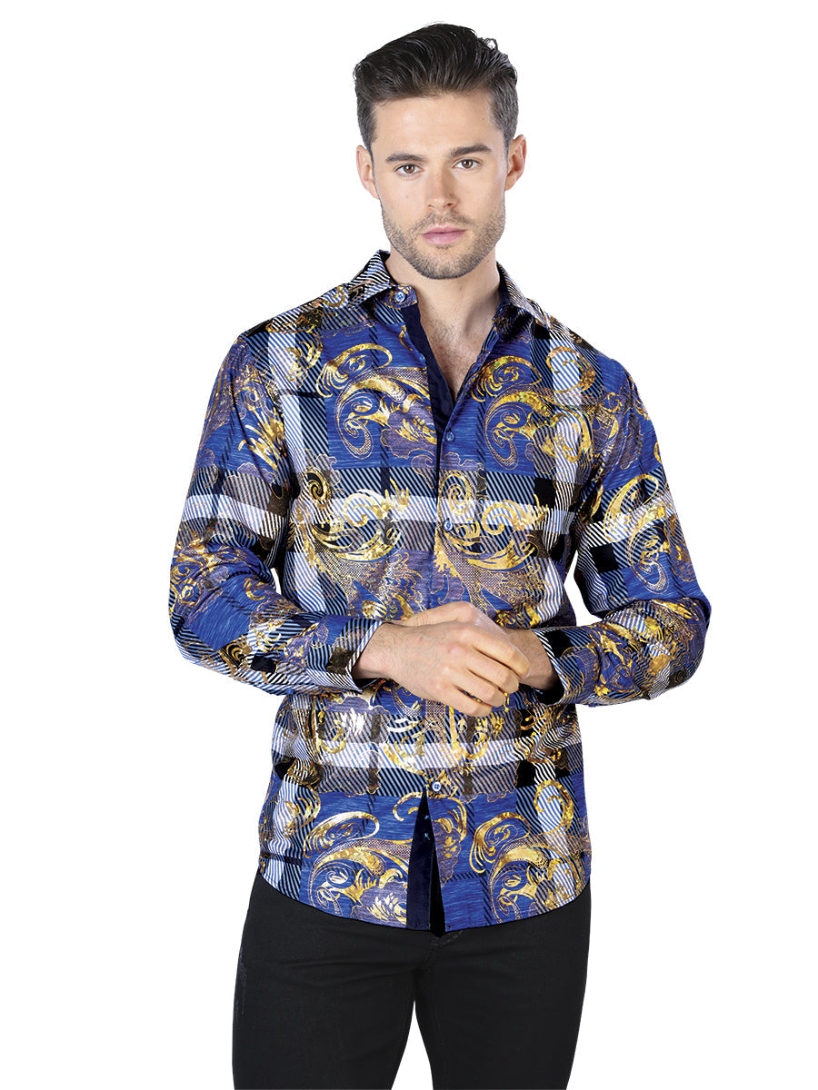 Camisa Vaquera de Hombre El Señor de los Cielos Manga Larga Casual en 100% Poliéster Color Azul/Dorado 44023