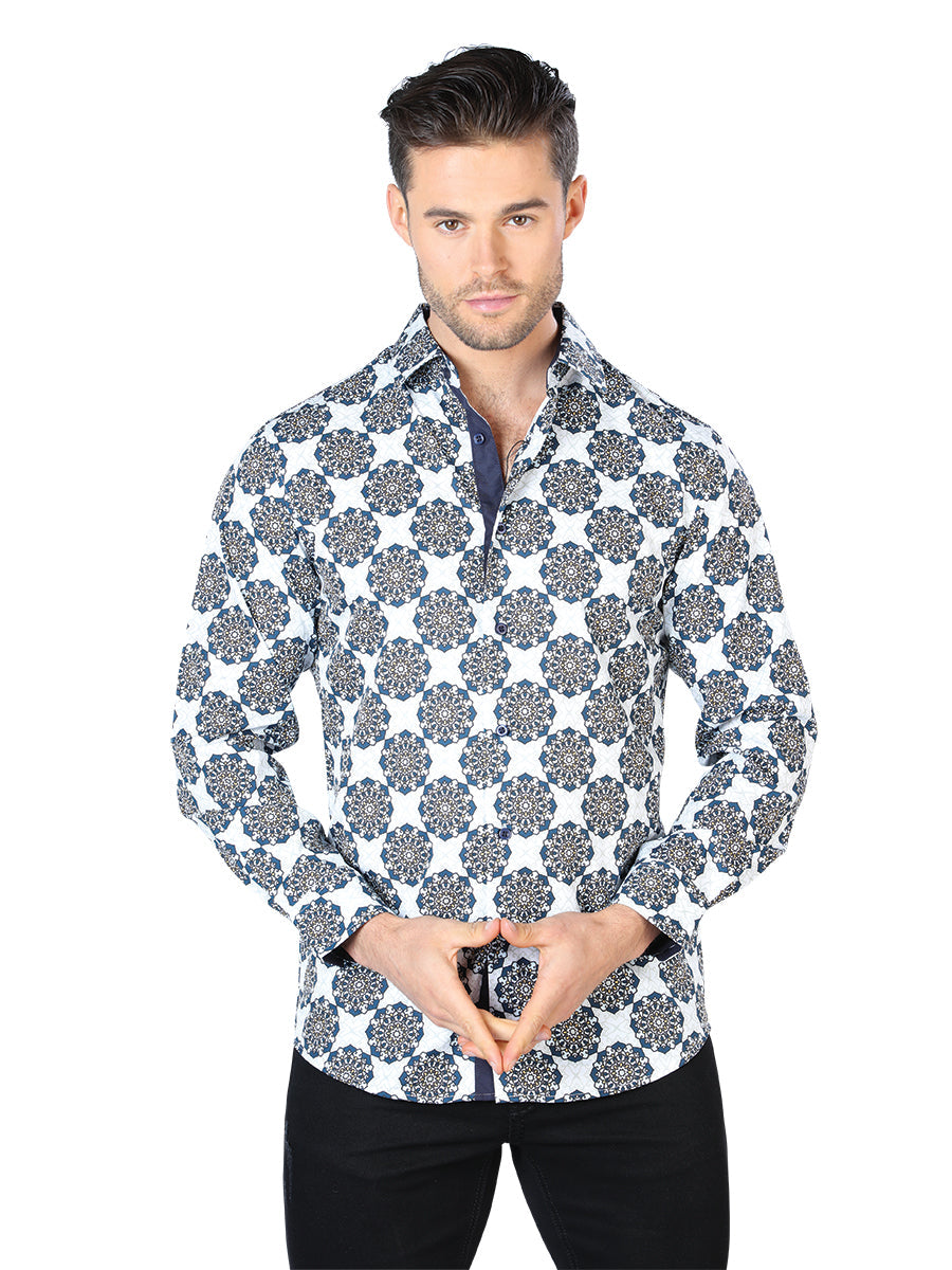 Camisa Vaquera de Hombre El Señor de los Cielos Manga Larga Casual en 97% Poliéster 3% Spandex Color Blanco/Negro 44048