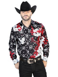 Camisa Vaquera de Hombre El Señor de los Cielos Manga Larga Broche Casual en 97% Poliéster 3% Lycra Color Vino/Negro 44076