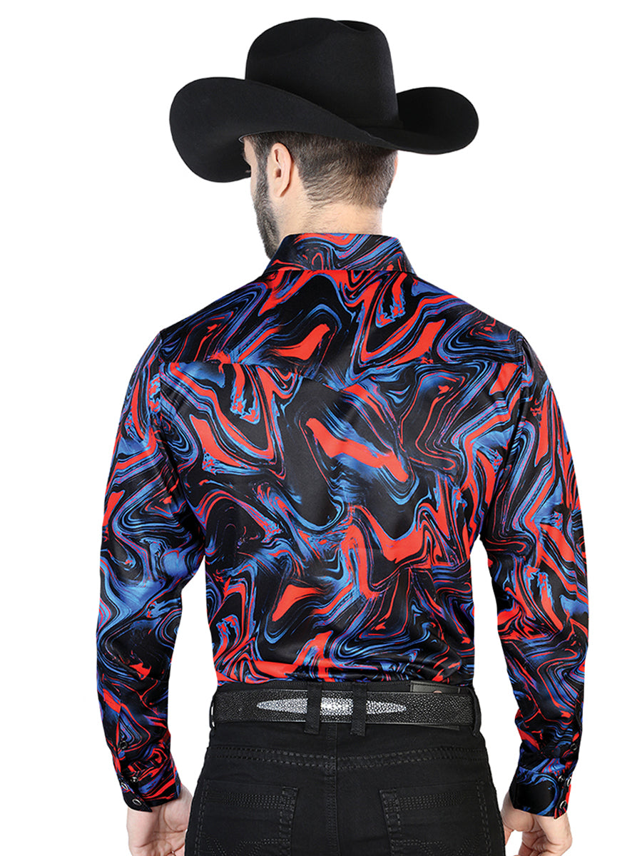 Camisa Vaquera de Hombre El Señor de los Cielos Manga Larga Broche Casual en 97% Poliéster 3% Lycra Color Azul/Rojo 44080