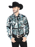 Camisa Vaquera de Hombre El Señor de los Cielos Manga Larga Broche Casual en 97% Poliéster 3% Lycra Color Blanco/Negro 44082
