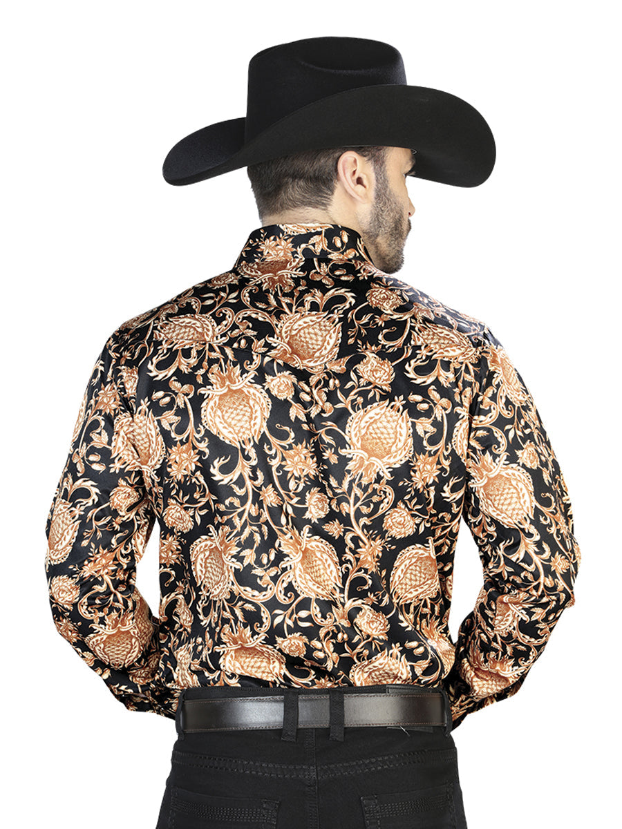 Camisa Vaquera de Hombre El Señor de los Cielos Manga Larga Broche Casual en 97% Poliéster 3% Lycra Color Dorado/Negro 44092