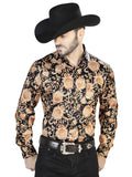 Camisa Vaquera de Hombre El Señor de los Cielos Manga Larga Broche Casual en 97% Poliéster 3% Lycra Color Dorado/Negro 44092