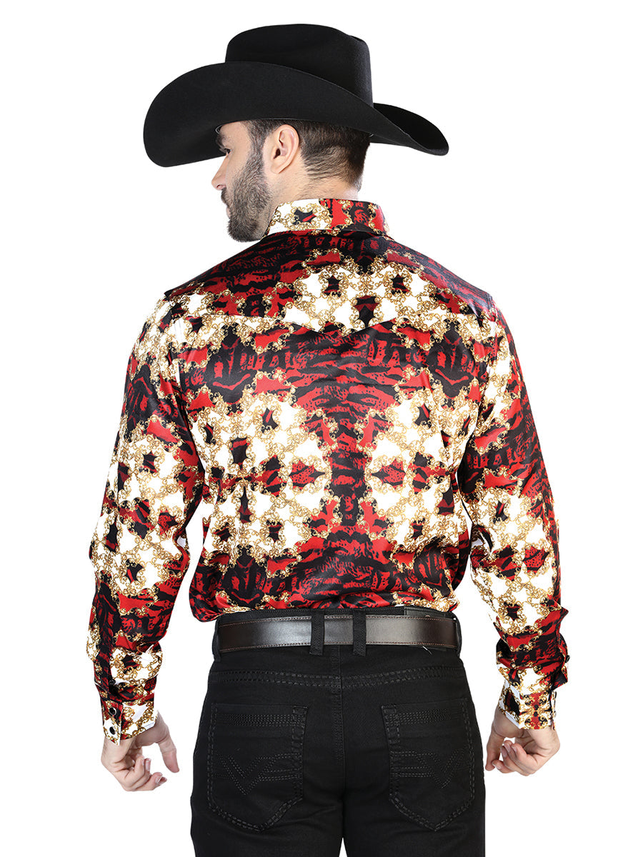 Camisa Vaquera de Hombre El Señor de los Cielos Manga Larga Broche Casual en 97% Poliéster 3% Lycra Color Vino/Dorado 44103