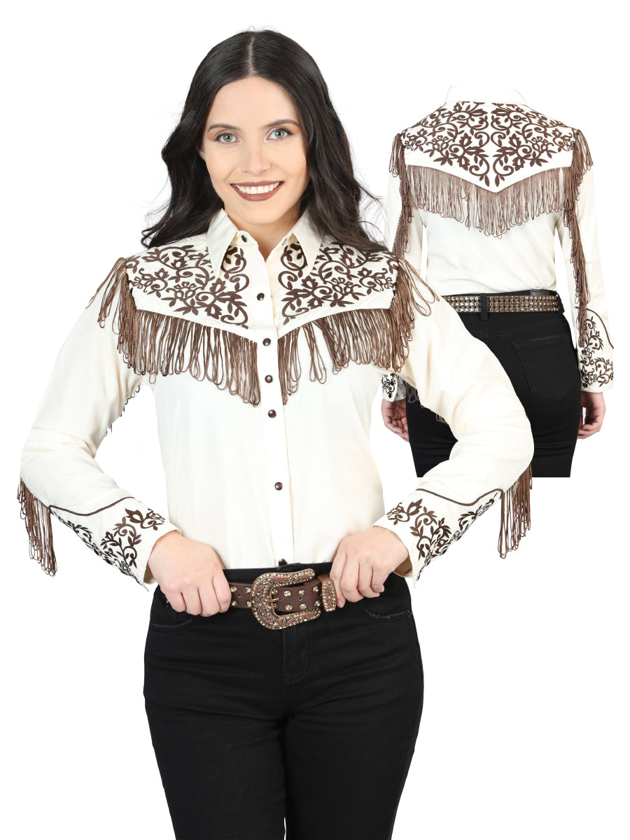 Camisa Vaquera de Mujer El Señor de los Cielos Manga Larga Bordada en 65% Poliéster 35% Algodón Color Beige 44183