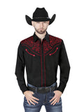 Camisa Vaquera de Hombre El Señor de los Cielos Manga Larga Bordada Casual en 65% Poliéster 35% Algodón Color Negro/Rojo 44187