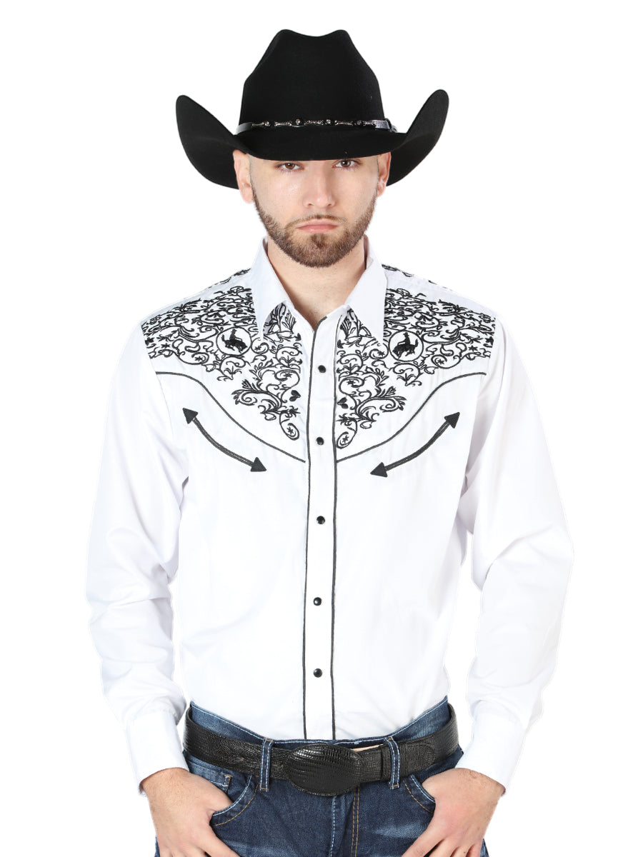 Camisa Vaquera de Hombre El Señor de los Cielos Manga Larga Bordada Casual en 65% Poliéster 35% Algodón Color Blanco/Negro 44188