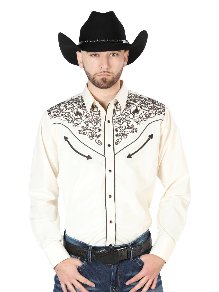 Camisa Vaquera de Hombre El Señor de los Cielos Manga Larga Bordada Casual en 65% Poliéster 35% Algodón Color Beige/Negro 44189