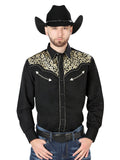 Camisa Vaquera de Hombre El Señor de los Cielos Manga Larga Bordada Casual en 65% Poliéster 35% Algodón Color Negro/Dorado 44192