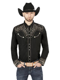 Camisa Vaquera de Hombre El Señor de los Cielos Manga Larga Bordada Casual en 65% Poliéster 35% Algodón Color Negro/Dorado 44198