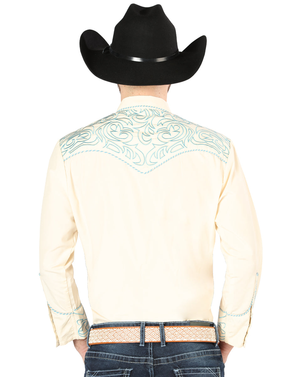Camisa Vaquera de Hombre El Señor de los Cielos Manga Larga Bordada Casual en 65% Poliéster 35% Algodón Color Beige/Azul 44199
