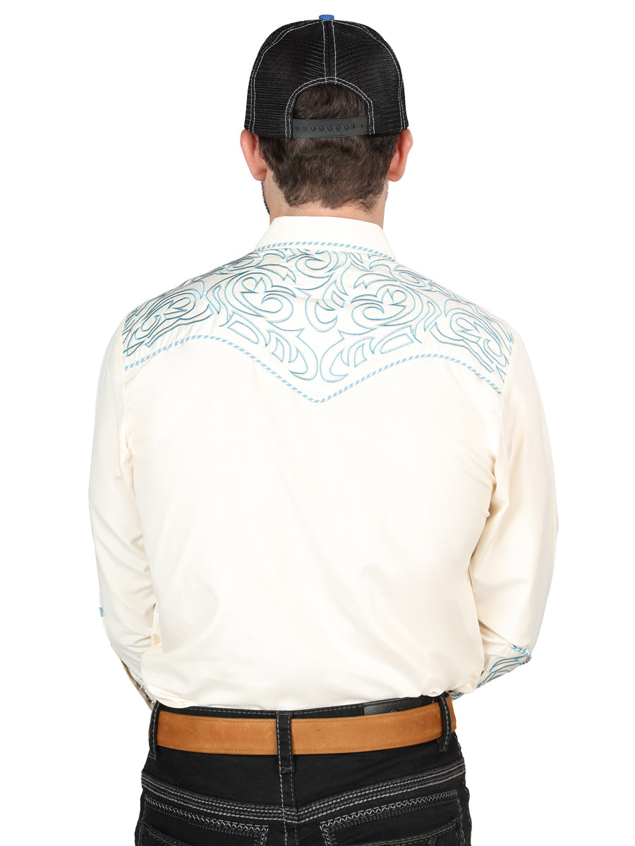Camisa Vaquera de Hombre El Señor de los Cielos Manga Larga Bordada Casual en 65% Poliéster 35% Algodón Color Beige/Azul 44199