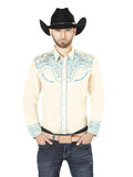 Camisa Vaquera de Hombre El Señor de los Cielos Manga Larga Bordada Casual en 65% Poliéster 35% Algodón Color Beige/Azul 44199