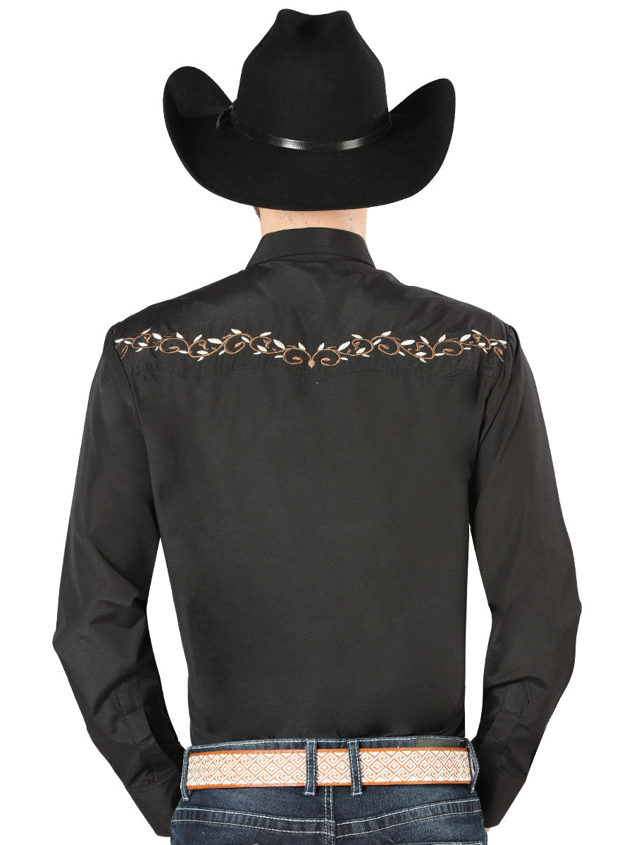 Camisa Vaquera de Hombre El Señor de los Cielos Manga Larga Bordada Casual en 65% Poliéster 35% Algodón Color Negro/Dorado 44200