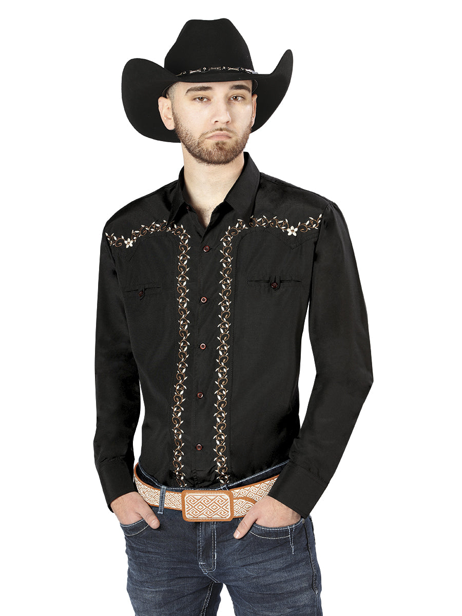 Camisa Vaquera de Hombre El Señor de los Cielos Manga Larga Bordada Casual en 65% Poliéster 35% Algodón Color Negro/Dorado 44200