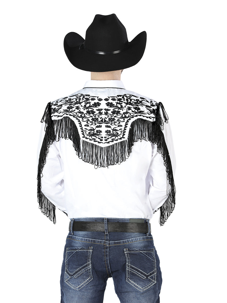 Camisa Vaquera de Hombre El Señor de los Cielos Manga Larga Bordada Casual en 65% Poliéster 35% Algodón Color Blanco/Negro 44223