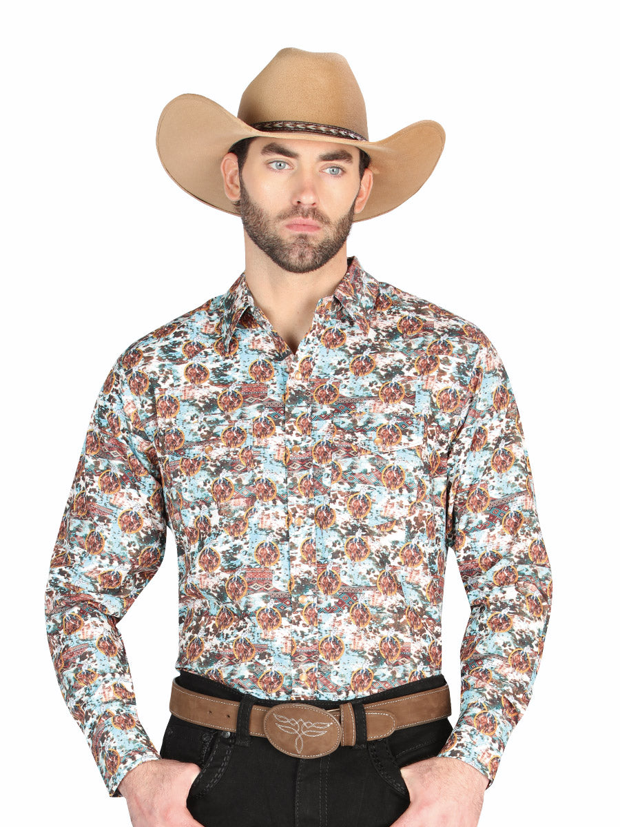 Camisa Vaquera de Hombre El General Manga Larga Broche Casual en 65% Poliéster 35% Algodón Color Café/Azul 44330