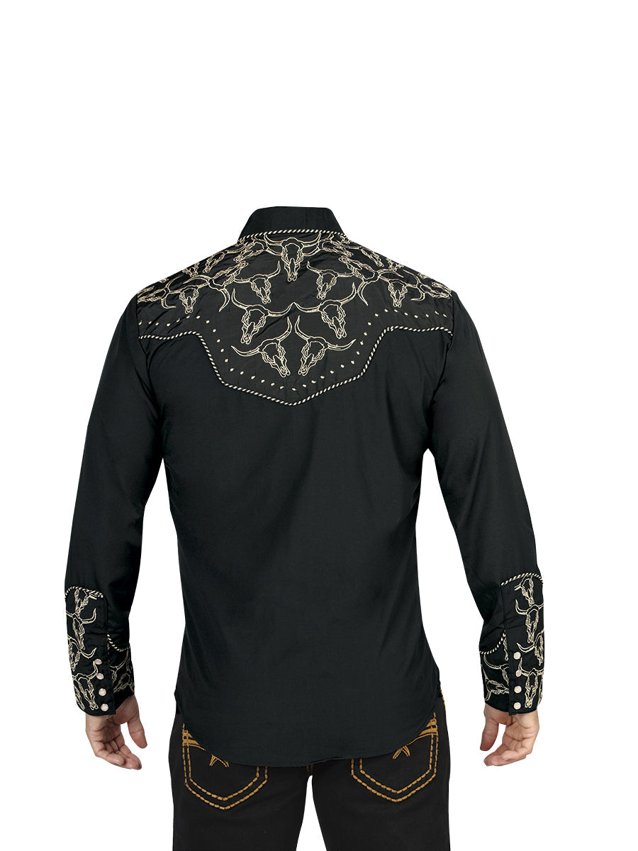 Camisa Vaquera de Hombre El Señor de los Cielos Manga Larga Bordada Casual en 65% Poliéster 35% Algodón Color Negro/Dorado 44338