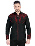 Camisa Vaquera de Hombre El Señor de los Cielos Manga Larga Bordada Casual en 65% Poliéster 35% Algodón Color Negro/Rojo 44339