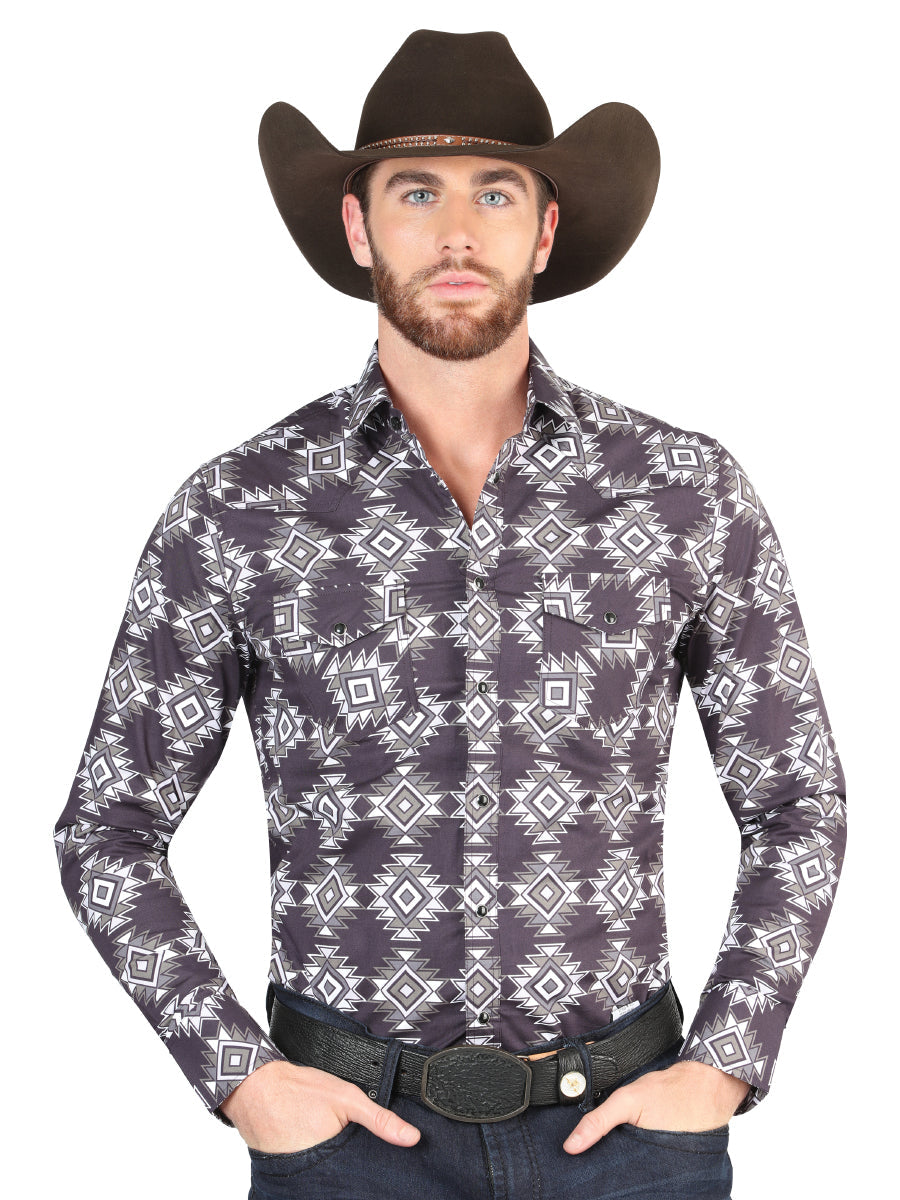 Camisa Vaquera de Hombre El Señor de los Cielos Manga Larga Broche Casual en 97% Algodón 3% Lycra Color Azul Marino 44403