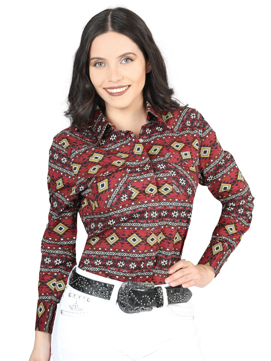 Camisa Vaquera de Mujer El Señor de los Cielos Manga Larga Broche Casual en 97% Algodón 3% Lycra Color Vino 44407