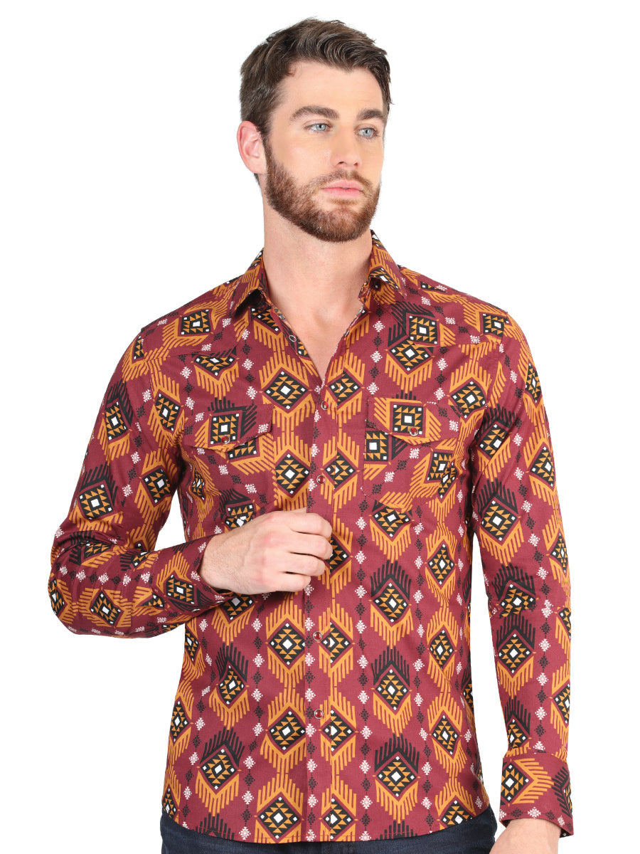 Camisa Vaquera de Hombre El Señor de los Cielos 23-18 Manga Larga Broche en 97% Algodón 3% Lycra Color Vino 44426