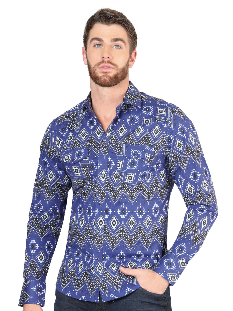 Camisa Vaquera de Hombre El Señor de los Cielos Manga Larga Broche Casual en 97% Algodón 3% Lycra Color Azul 44429