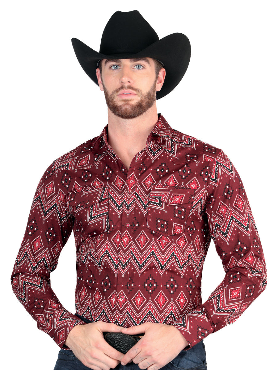 Camisa Vaquera de Hombre El Señor de los Cielos Manga Larga Broche Casual en 97% Algodón 3% Lycra Color Vino 44431