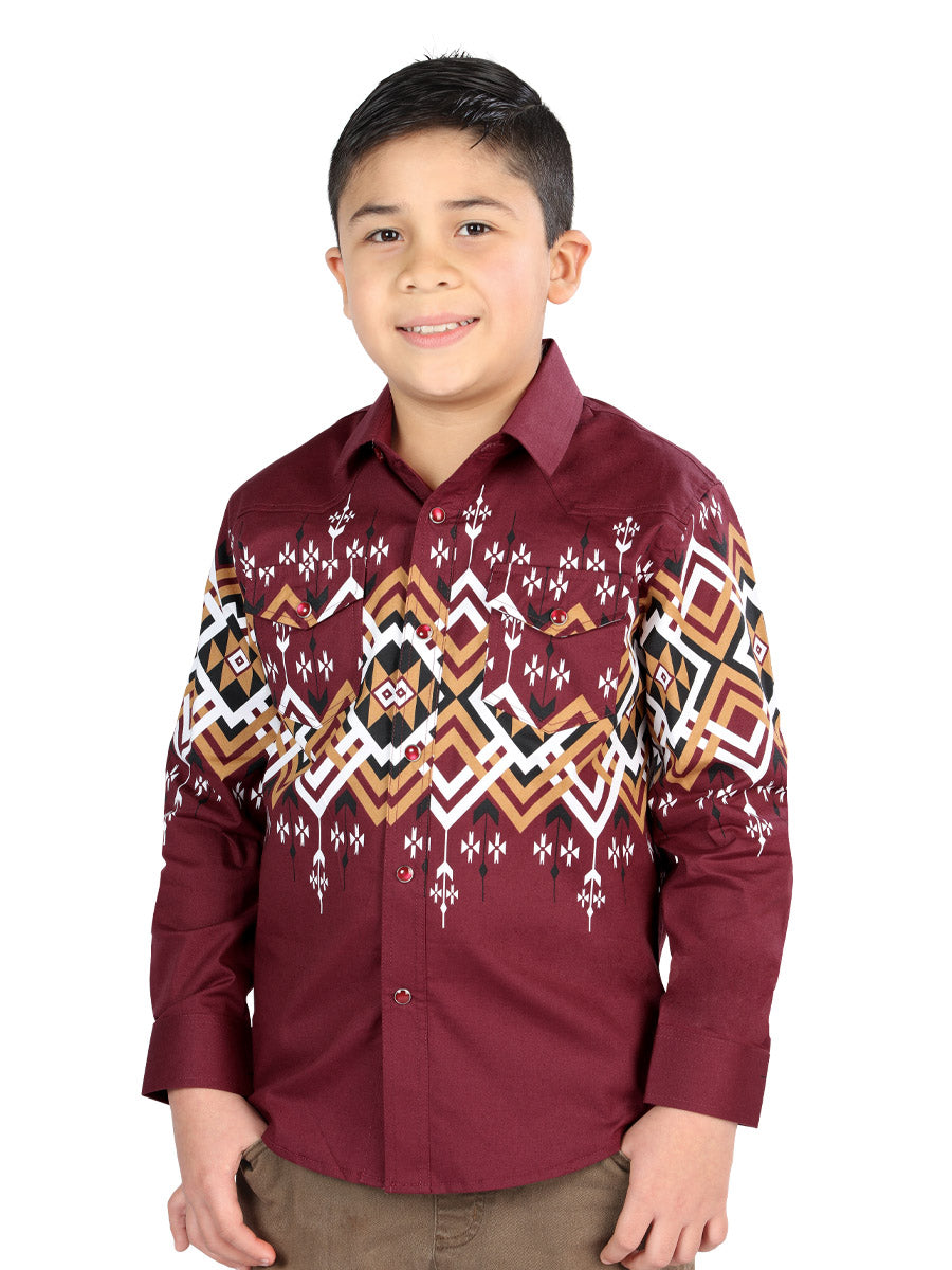 Camisa Vaquera de Niño El Señor de los Cielos Manga Larga Broche Casual en 97% Algodón 3% Lycra Color Vino 44465
