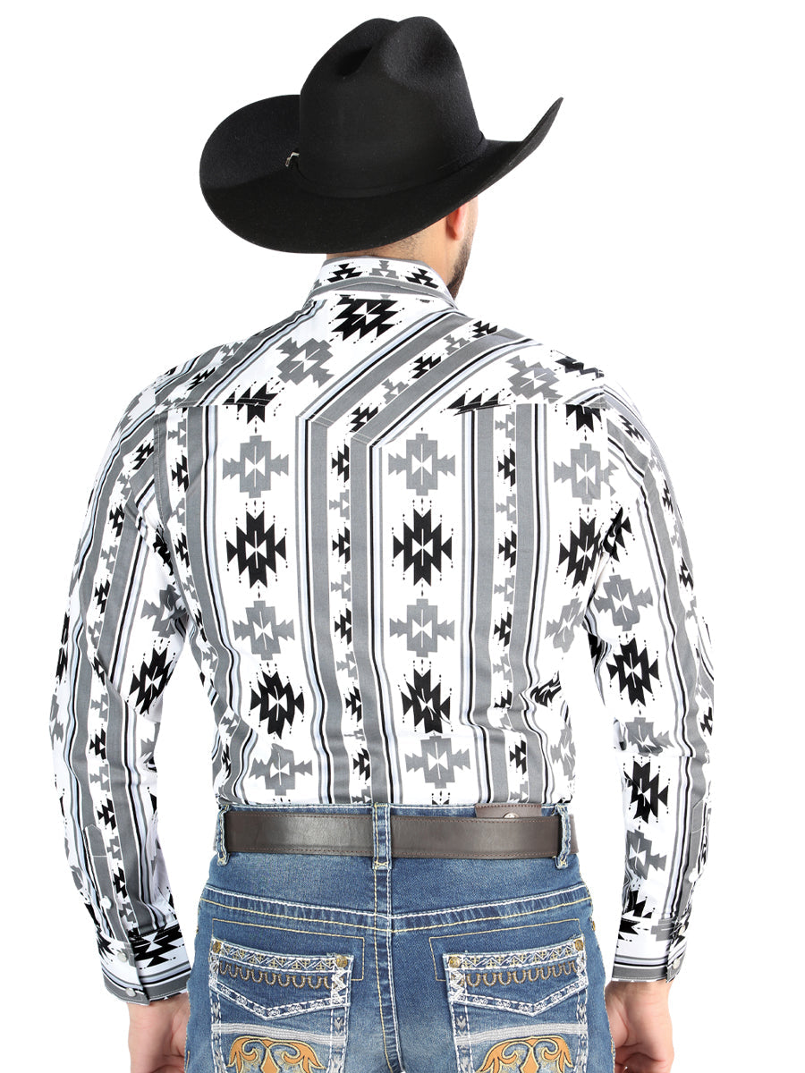 Camisa Vaquera de Hombre El Señor de los Cielos Manga Larga Broche Casual en 97% Algodón 3% Lycra Color Blanco 44470