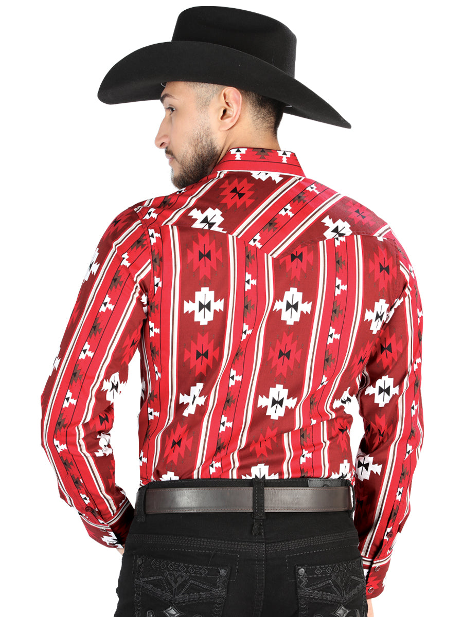Camisa Vaquera de Hombre El Señor de los Cielos Manga Larga Broche Casual en 97% Algodón 3% Lycra Color Rojo 44472