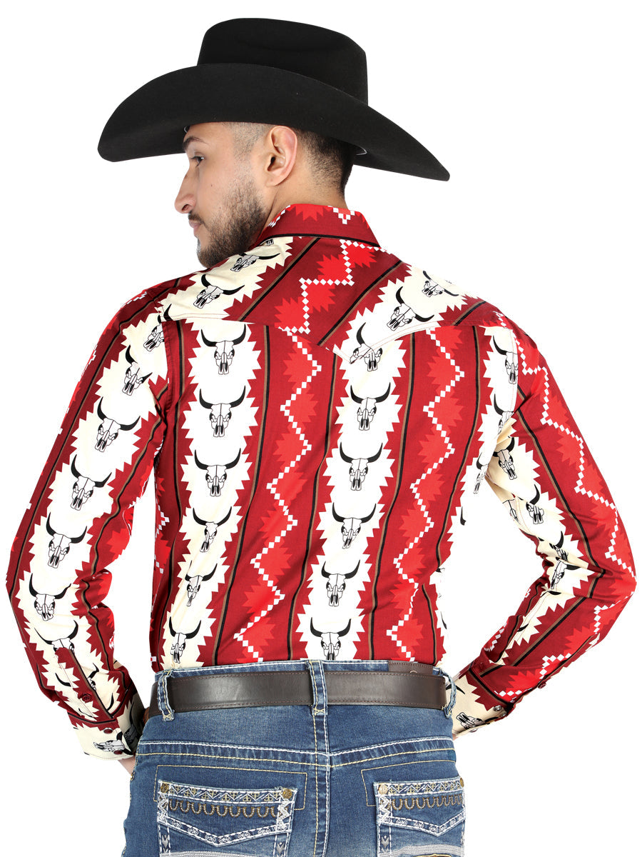Camisa Vaquera de Hombre El Señor de los Cielos Manga Larga Broche Casual en 97% Algodón 3% Lycra Color Vino 44490