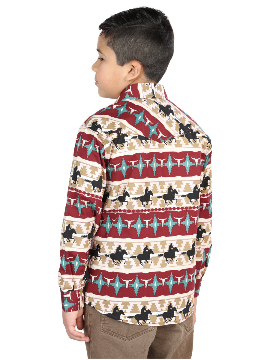 Camisa Vaquera de Niño El Señor de los Cielos Manga Larga Broche Casual en 97% Algodón 3% Lycra Color Vino 44492