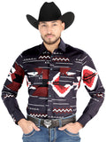 Camisa Vaquera de Hombre El Señor de los Cielos Manga Larga Broche Casual en 97% Algodón 3% Lycra Color Negro/Vino 44498