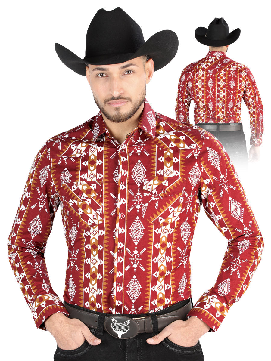 Camisa Vaquera de Hombre El Señor de los Cielos Manga Larga Broche Casual en 97% Algodón 3% Lycra Color Vino 44503