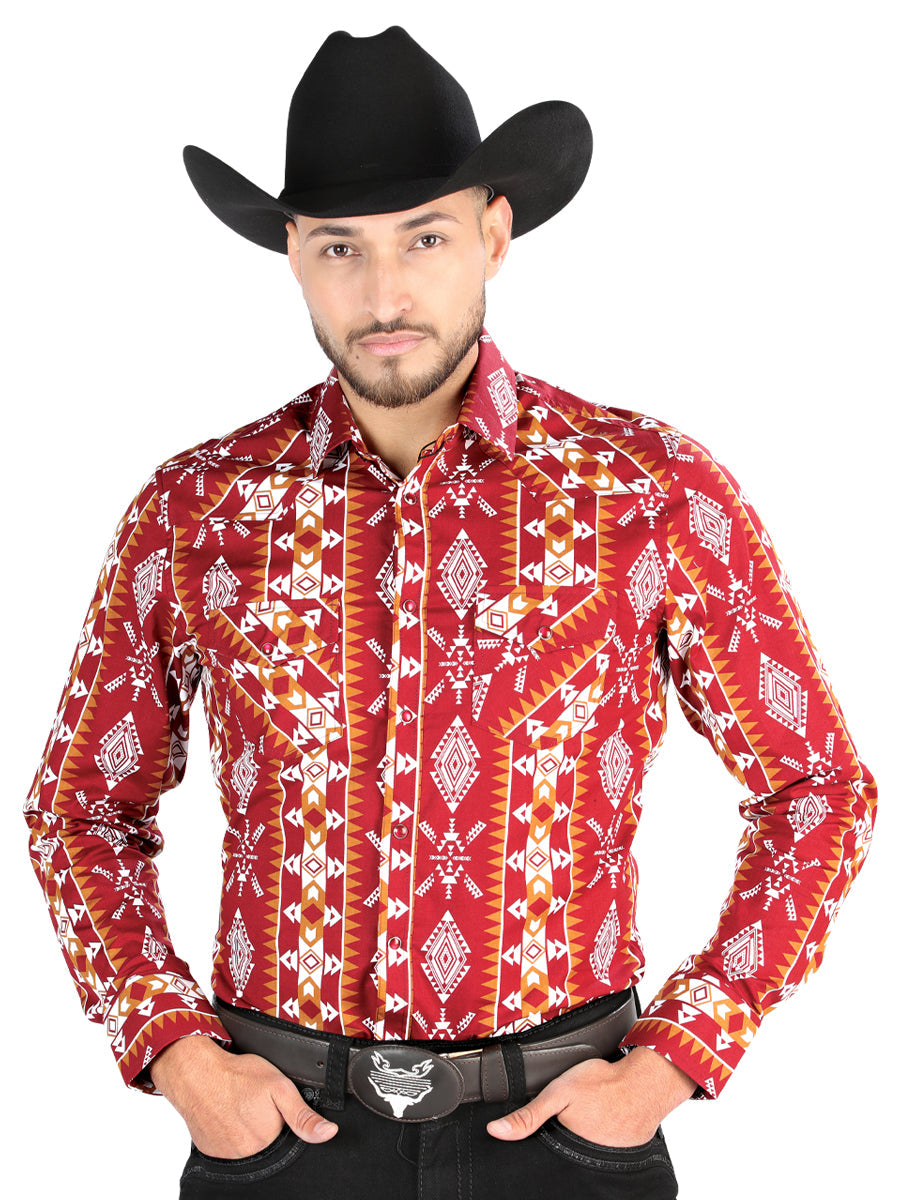 Camisa Vaquera de Hombre El Señor de los Cielos Manga Larga Broche Casual en 97% Algodón 3% Lycra Color Vino 44503