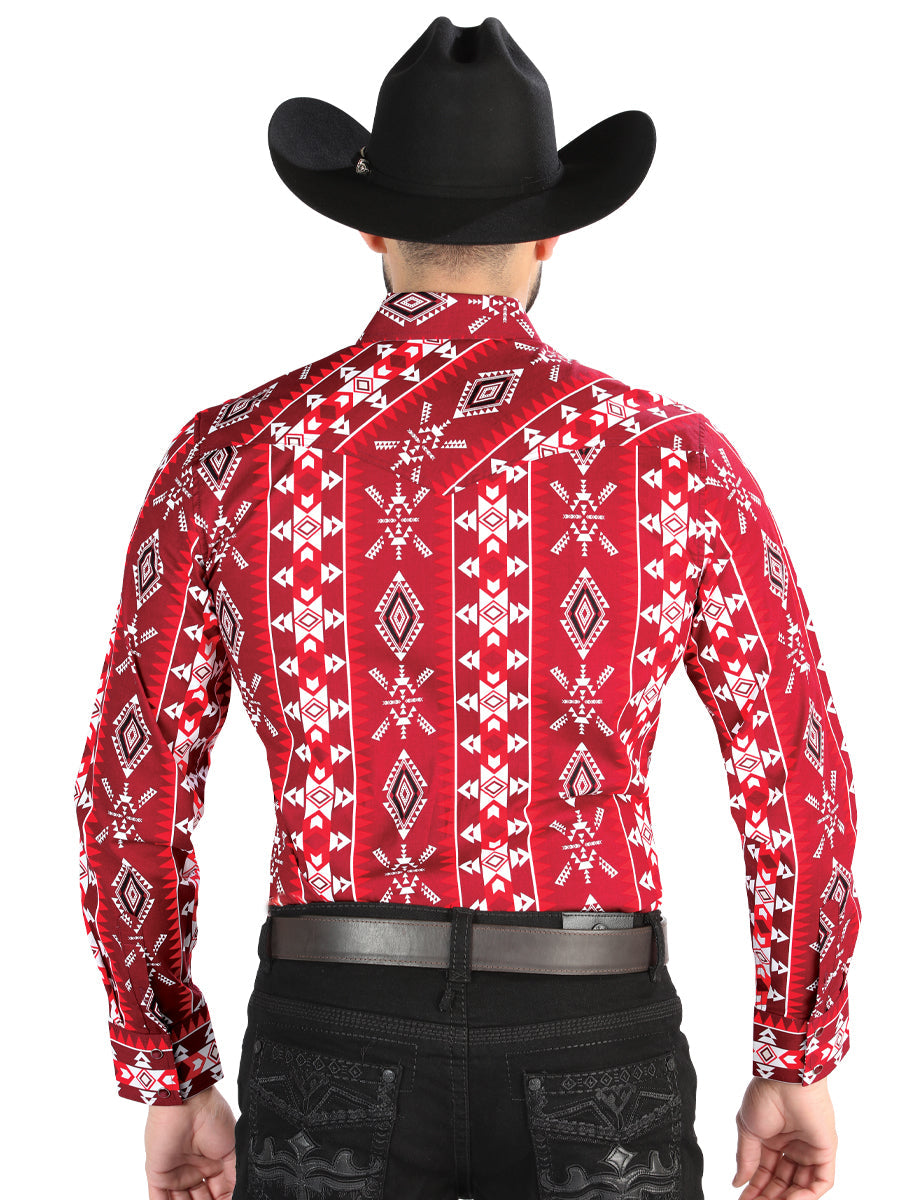 Camisa Vaquera de Hombre El Señor de los Cielos Manga Larga Broche Casual en 97% Algodón 3% Lycra Color Rojo 44504