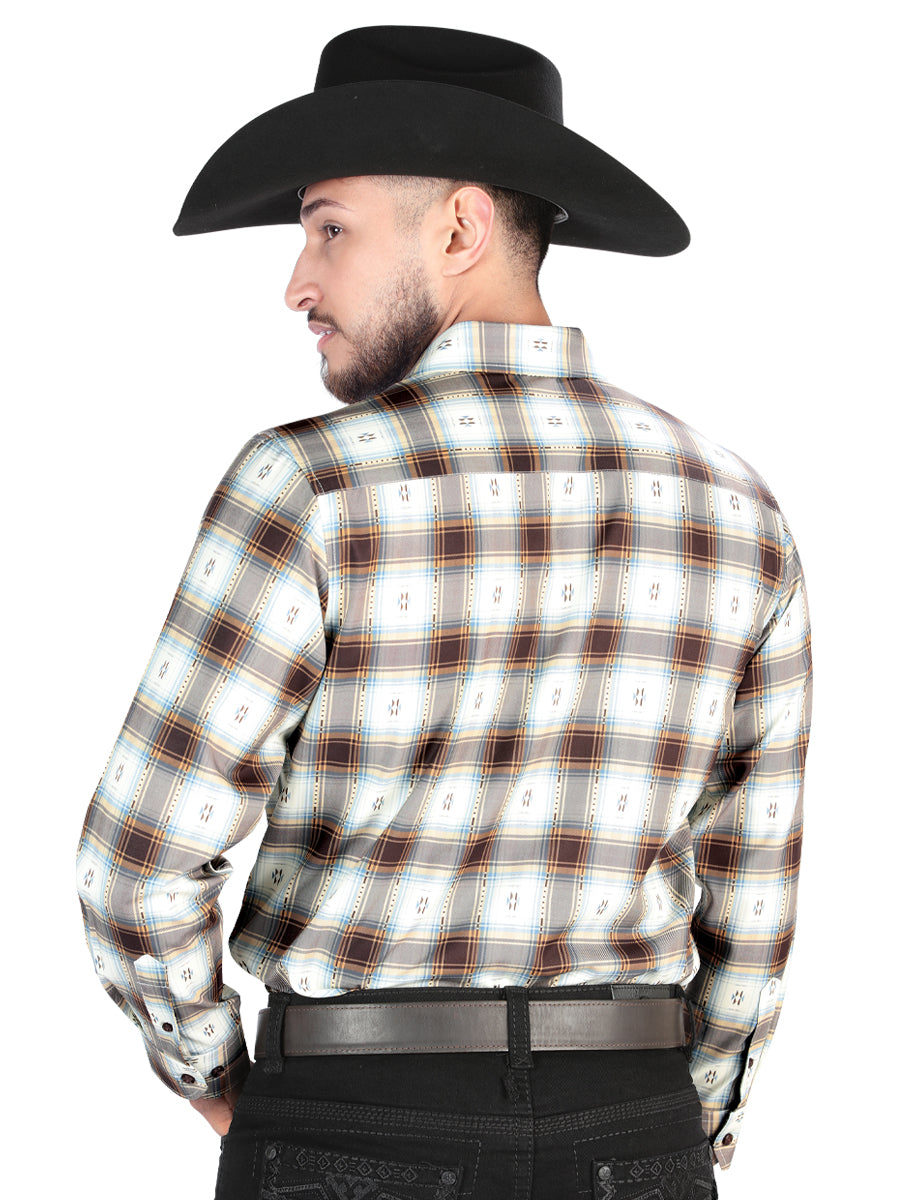 Camisa Vaquera de Hombre El Señor de los Cielos Manga Larga Casual en 97% Poliéster 3% Spandex Color Café 44700
