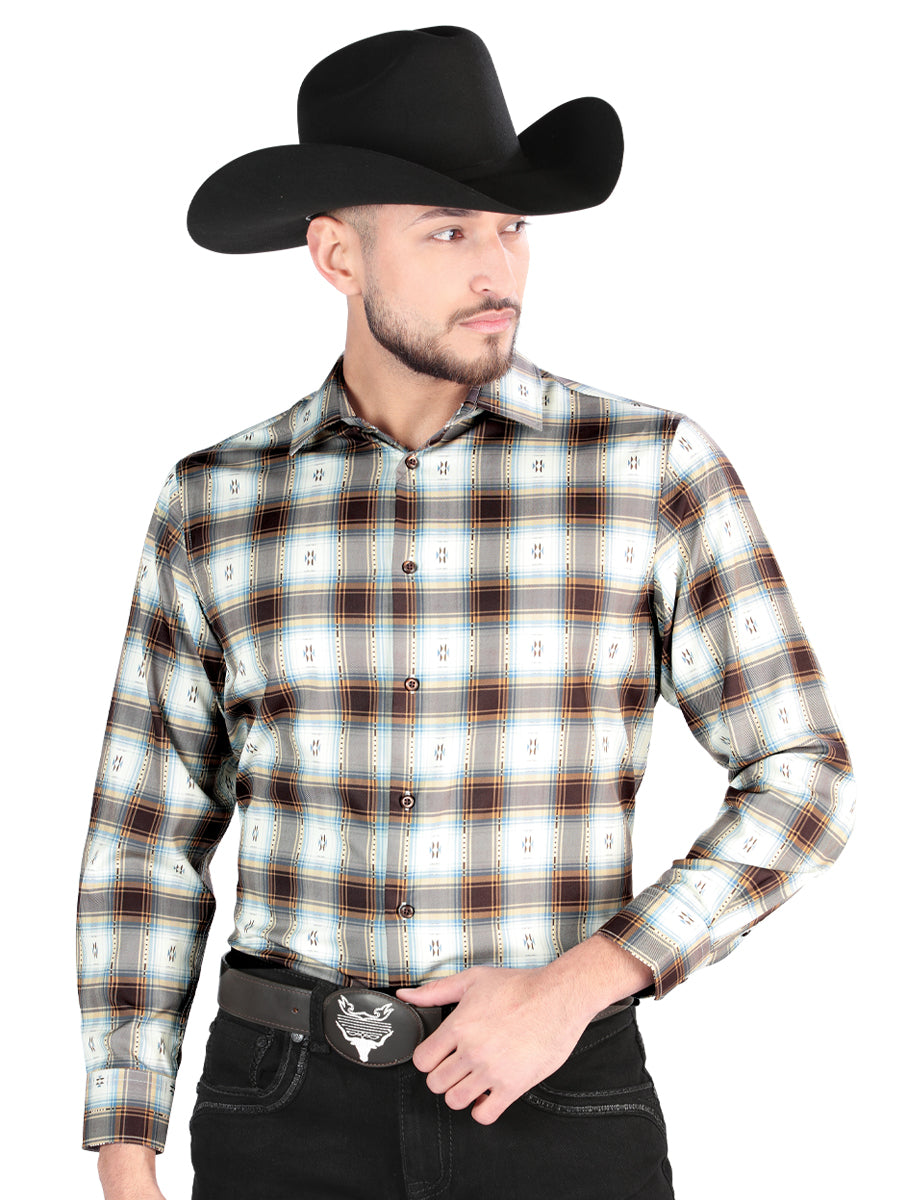 Camisa Vaquera de Hombre El Señor de los Cielos Manga Larga Casual en 97% Poliéster 3% Spandex Color Café 44700
