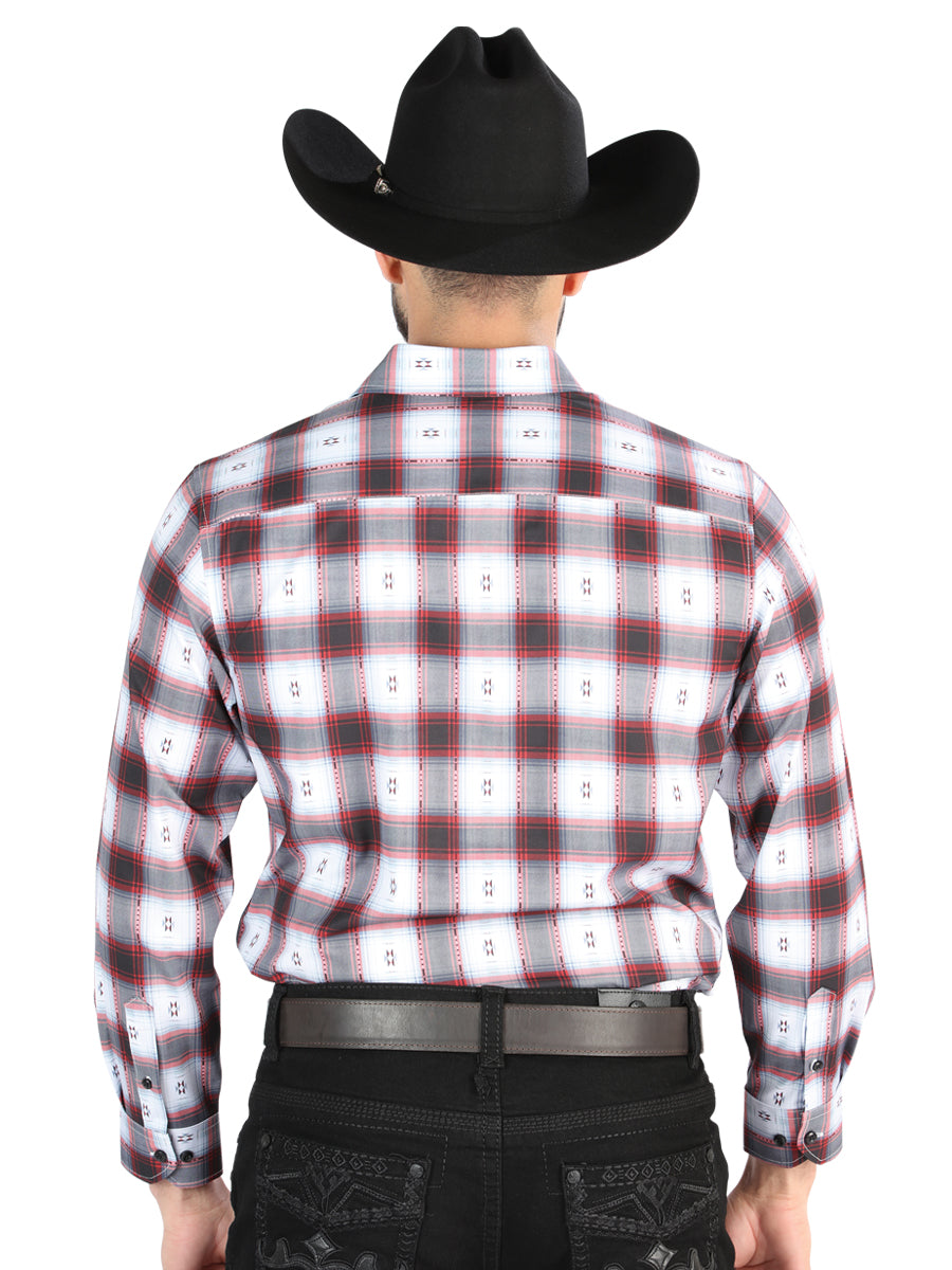 Camisa Vaquera de Hombre El Señor de los Cielos Manga Larga Casual en 97% Poliéster 3% Spandex Color Negro/Rojo 44701