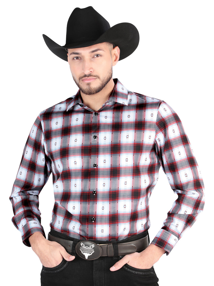 Camisa Vaquera de Hombre El Señor de los Cielos Manga Larga Casual en 97% Poliéster 3% Spandex Color Negro/Rojo 44701