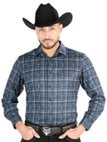 Camisa Vaquera de Hombre El Señor de los Cielos Manga Larga Casual en 97% Poliéster 3% Spandex Color Gris/Blanco 44706