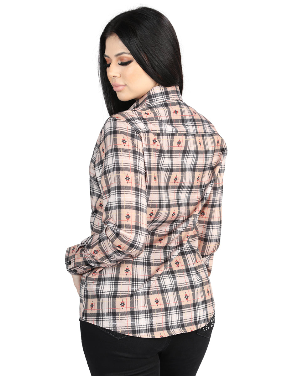 Camisa Vaquera de Mujer El Señor de los Cielos Manga Larga Casual en 97% Poliéster 3% Spandex Color Beige/Negro 44715