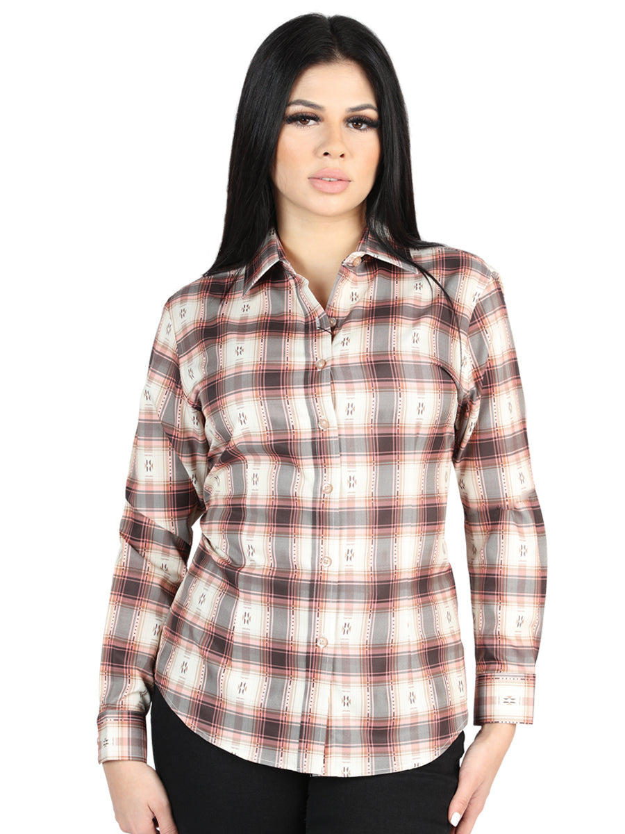 Camisa Vaquera de Mujer El Señor de los Cielos Manga Larga Casual en 97% Poliéster 3% Spandex Color Naranja/Beige 44716