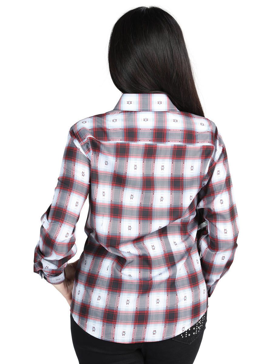 Camisa Vaquera de Mujer El Señor de los Cielos Manga Larga Casual en 97% Poliéster 3% Spandex Color Negro/Rojo 44718