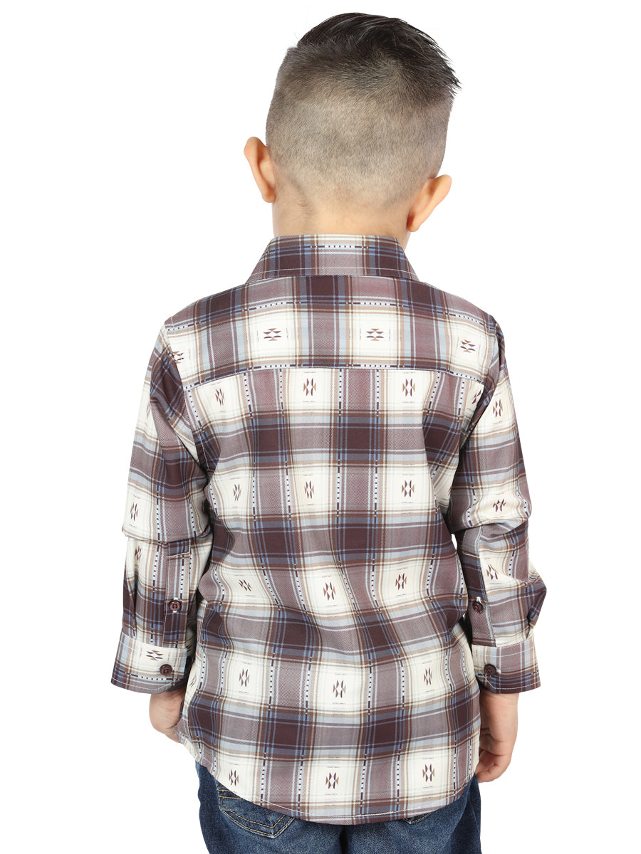 Camisa Vaquera de Niño El Señor de los Cielos Manga Larga Casual en 97% Algodón 3% Spandex Color Beige/Vino 44747
