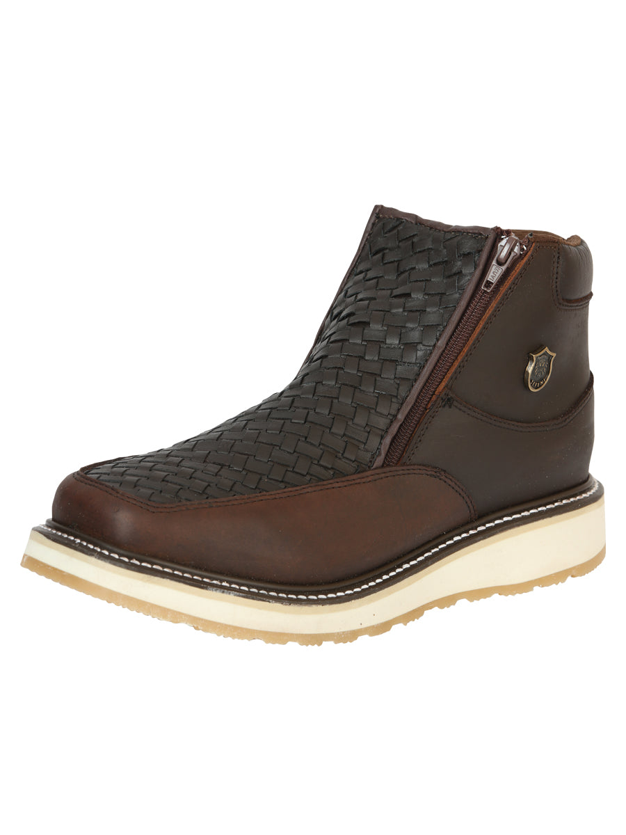 Sefeni Caballero Double Zipper Zapato Loco Piel - Choco El General Trabajo en Piel Crazy Color Chocolate 45395