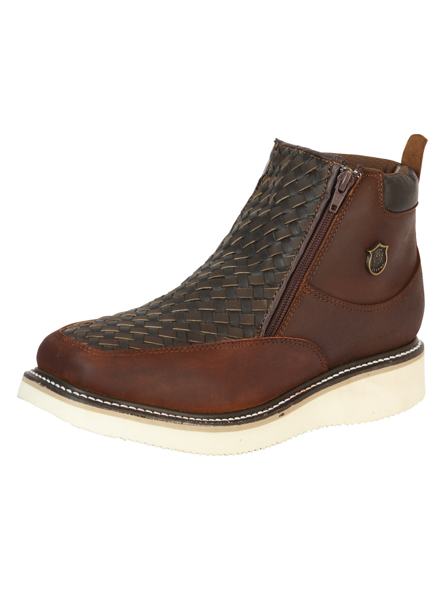 Sefeni Caballero Double Zipper Zapato Loco Piel - Roble El General Trabajo en Piel Crazy 45397