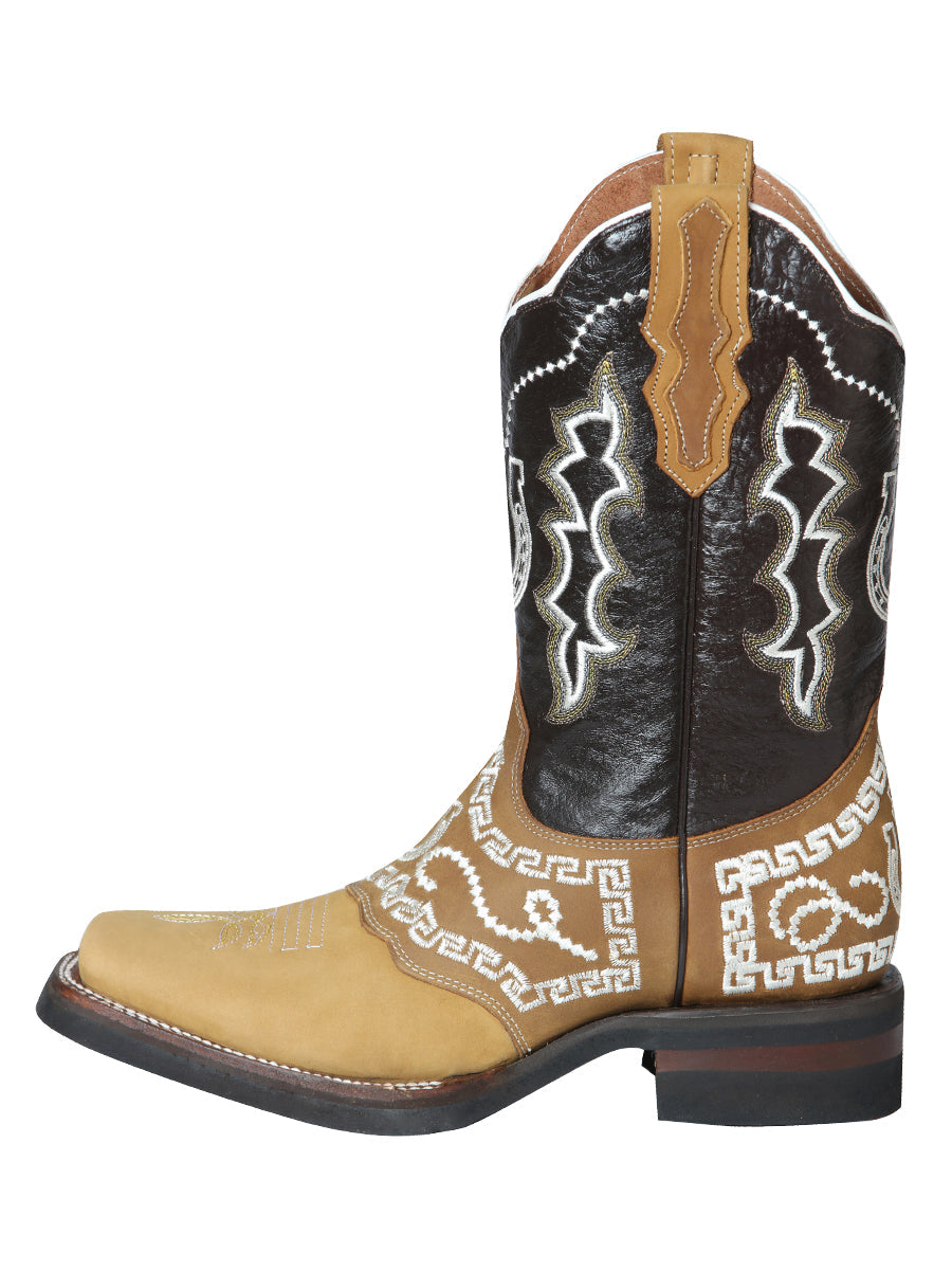 Bota Vaquera de Hombre El General Bordada Rodeo en Piel Nobuck Color Miel 51111